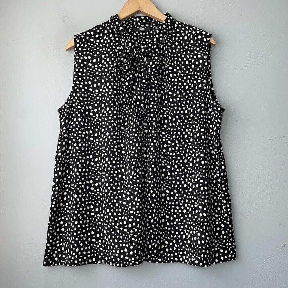 Uniqlo Polka Dot Bow Blouse Black & White Sleeveless Summer Office Plus Size XXL